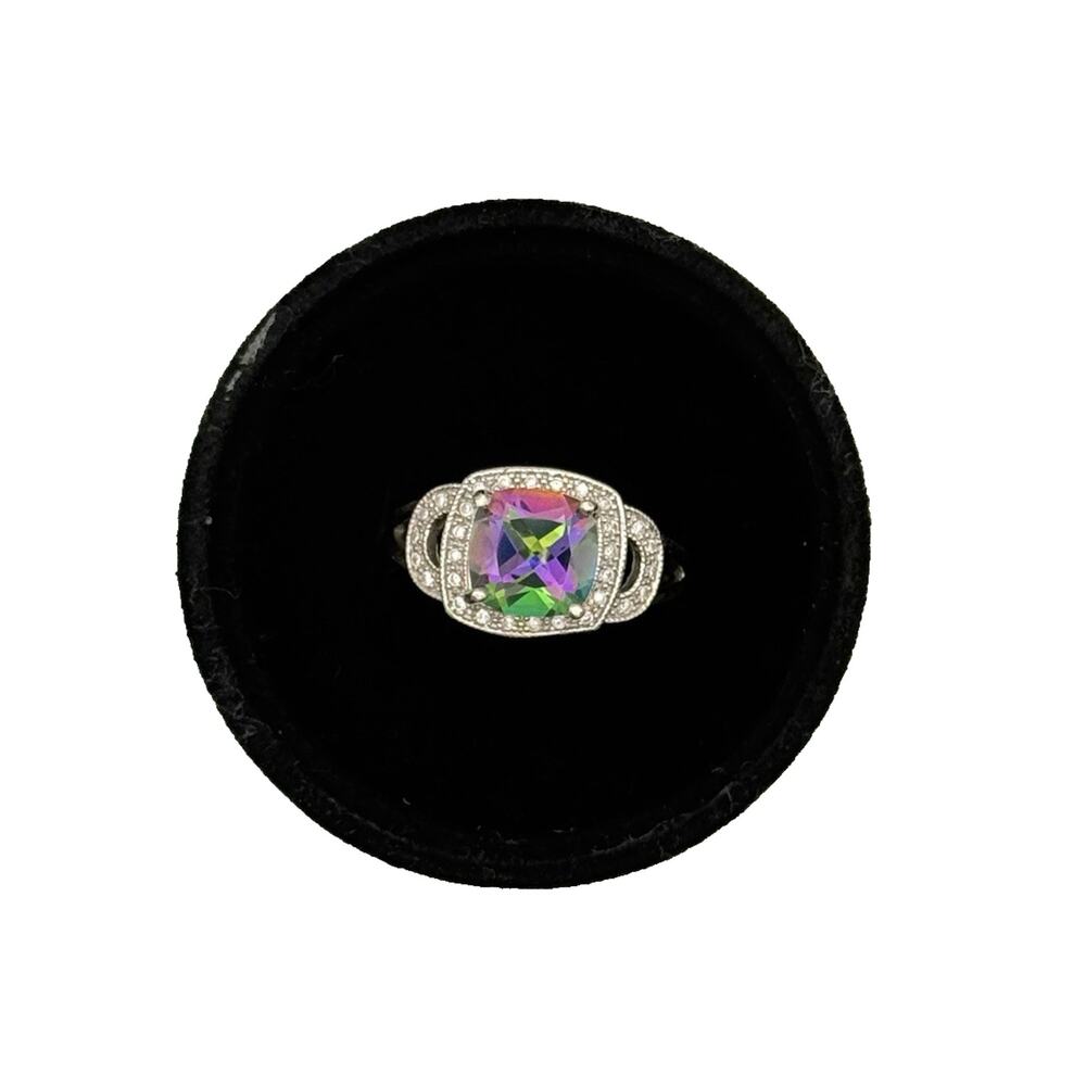 Mystic Topaz Halo Ring Sterling Silver Cushion 9mm Split Shank Sz 8
